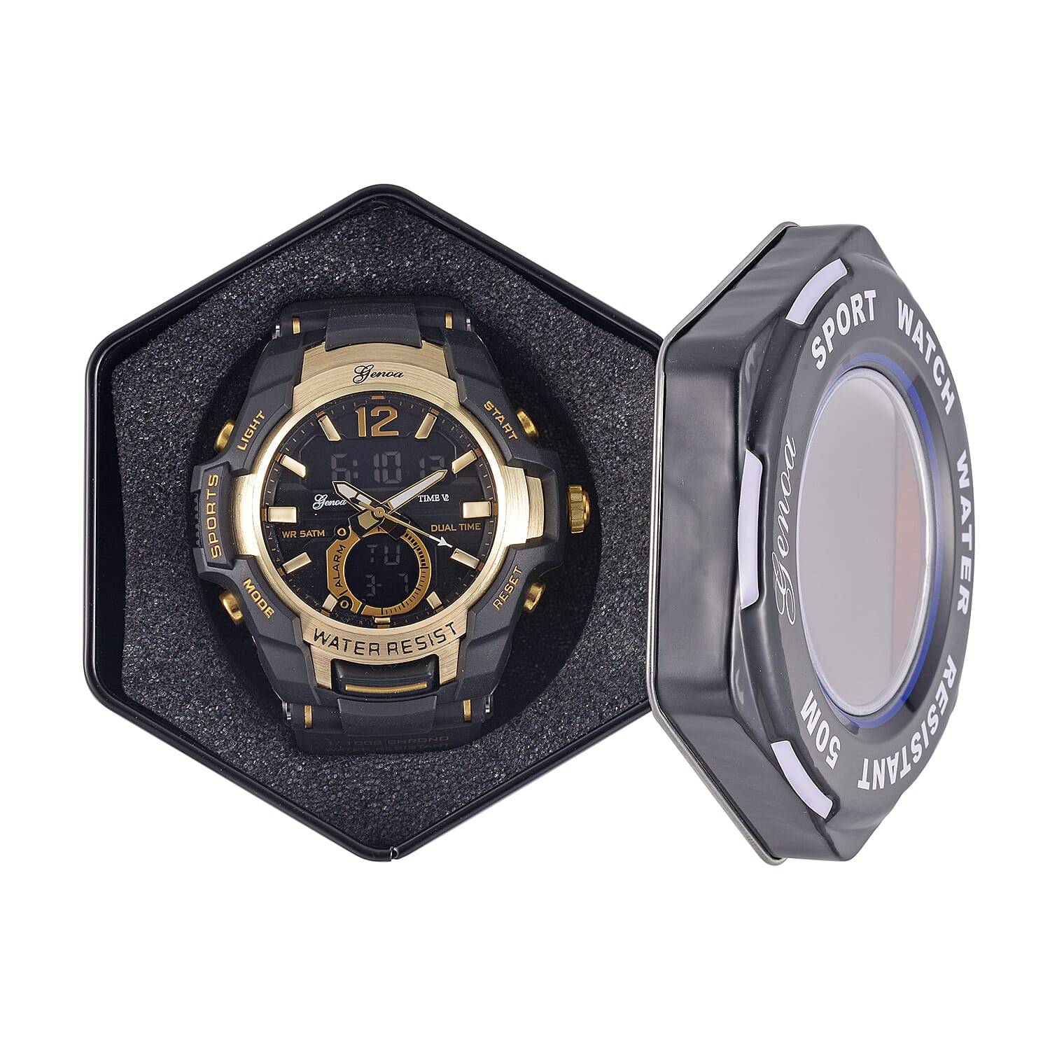 Genoa Black Literal Gold Dial 5 ATM Water Resistant Watch with Black Leatherette Strap