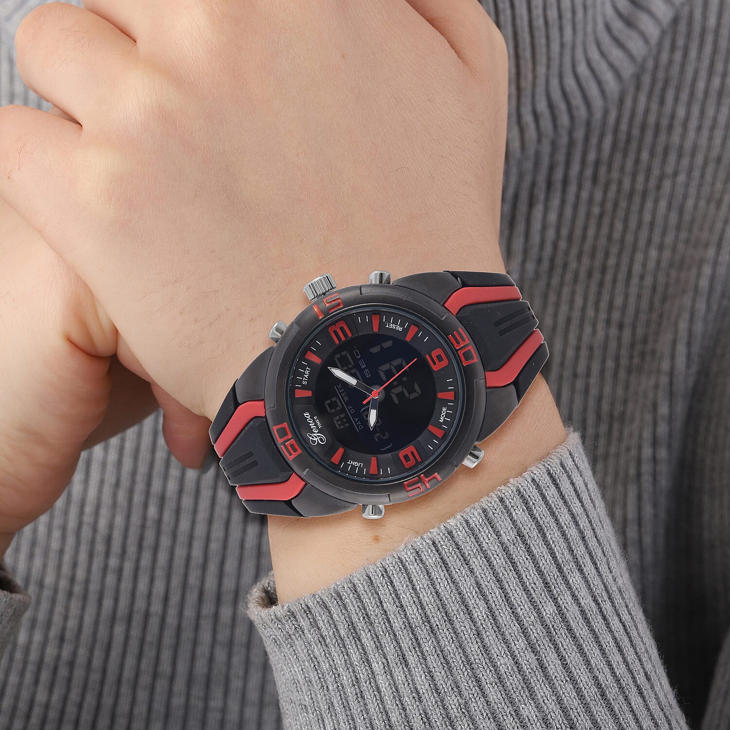 GENOA TIME V2 Japanese Movement Multifunctional Black Literal Dial 5 ATM Water Resistant Watch With Black - Red TPU Strap