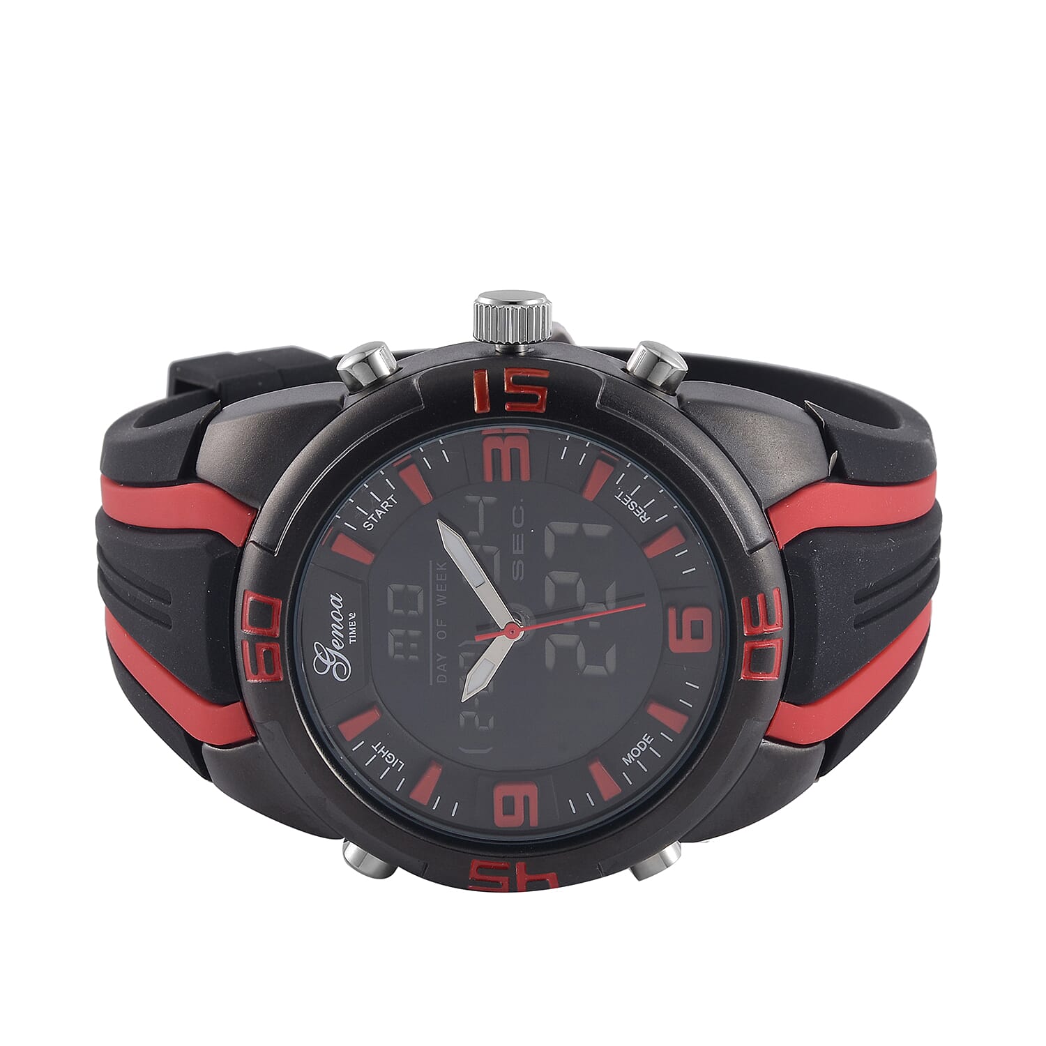 GENOA TIME V2 Japanese Movement Multifunctional Black Literal Dial 5 ATM Water Resistant Watch With Black - Red TPU Strap