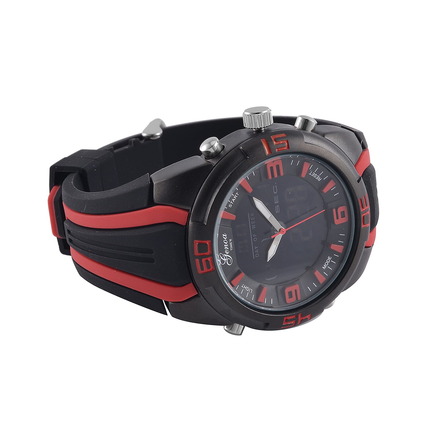 GENOA TIME V2 Japanese Movement Multifunctional Black Literal Dial 5 ATM Water Resistant Watch With Black - Red TPU Strap