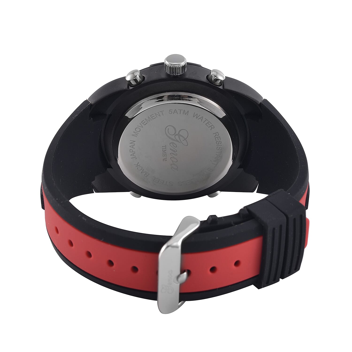 GENOA TIME V2 Japanese Movement Multifunctional Black Literal Dial 5 ATM Water Resistant Watch With Black - Red TPU Strap