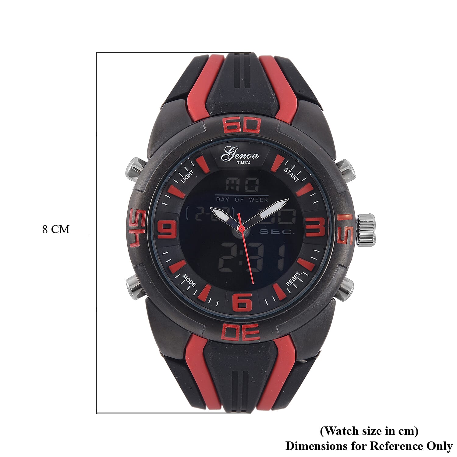 GENOA TIME V2 Japanese Movement Multifunctional Black Literal Dial 5 ATM Water Resistant Watch With Black - Red TPU Strap