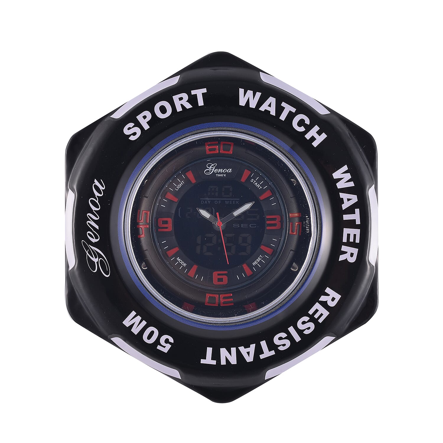 GENOA TIME V2 Japanese Movement Multifunctional Black Literal Dial 5 ATM Water Resistant Watch With Black - Red TPU Strap