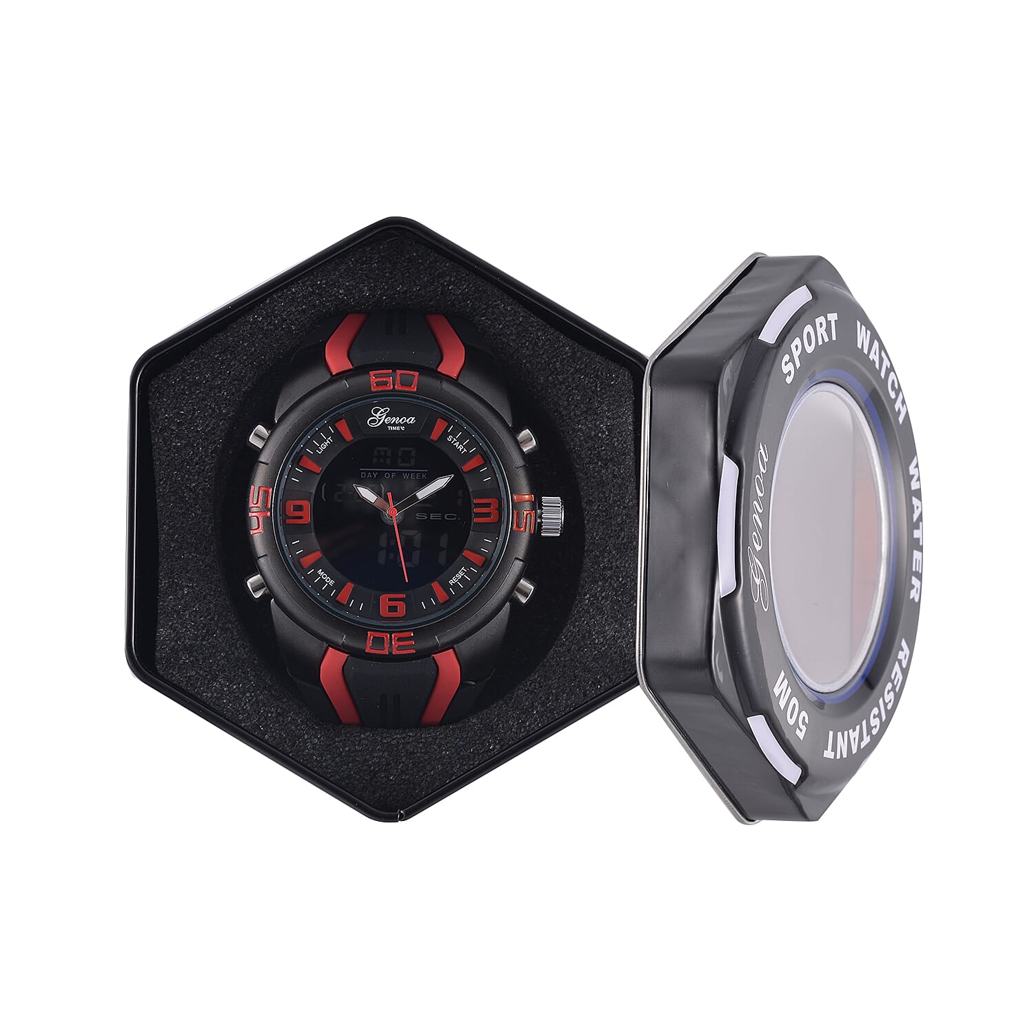 GENOA TIME V2 Japanese Movement Multifunctional Black Literal Dial 5 ATM Water Resistant Watch With Black - Red TPU Strap