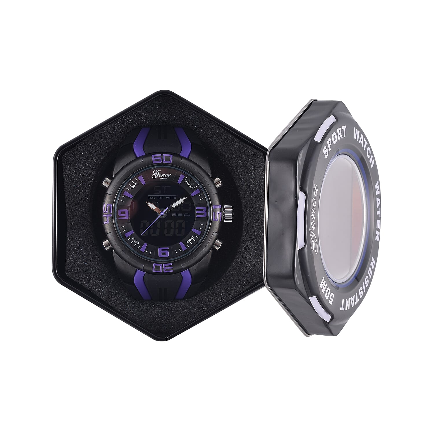 GENOA TIME V2 Japanese & Movement Multifunctional Black Literal Dial 5 ATM Water Resistant Watch With Black & Purple TPU Strap