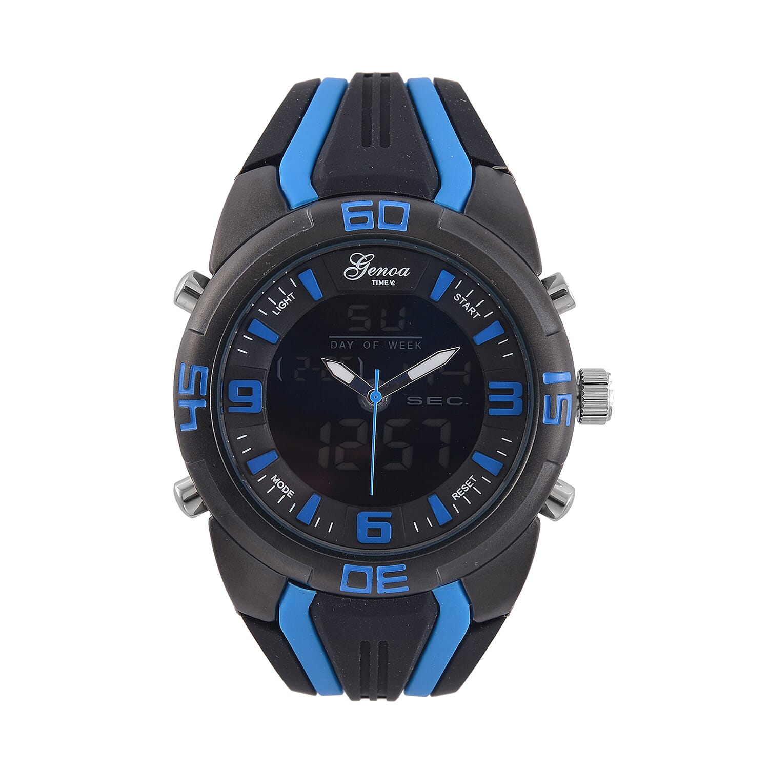 GENOA TIME V2 Japanese Movement Multifunctional Black Literal Dial 5 ATM Water Resistant Watch With Black - Blue TPU Strap