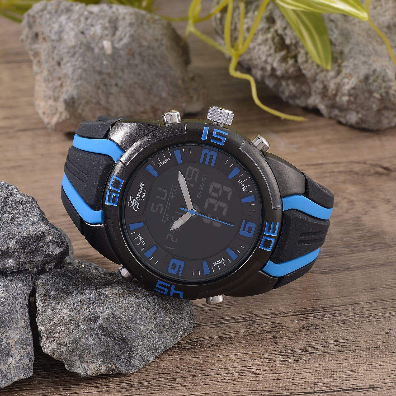 GENOA TIME V2 Japanese Movement Multifunctional Black Literal Dial 5 ATM Water Resistant Watch With Black - Blue TPU Strap