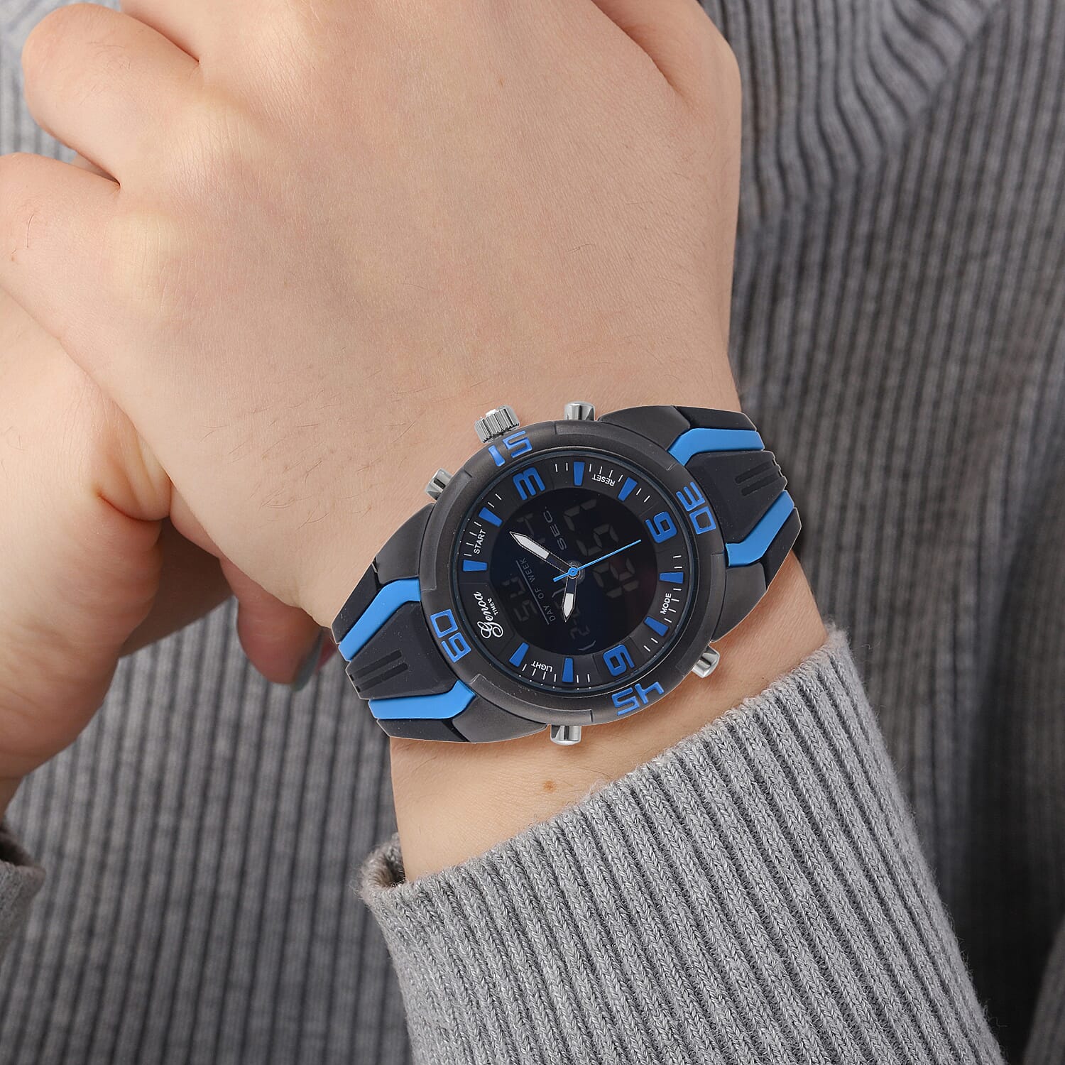 GENOA TIME V2 Japanese Movement Multifunctional Black Literal Dial 5 ATM Water Resistant Watch With Black - Blue TPU Strap