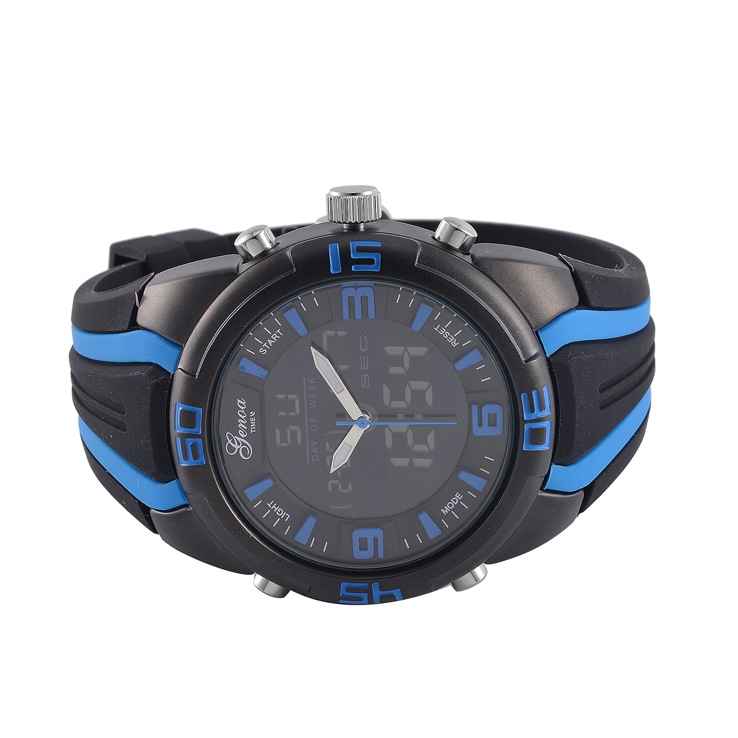 GENOA TIME V2 Japanese Movement Multifunctional Black Literal Dial 5 ATM Water Resistant Watch With Black - Blue TPU Strap