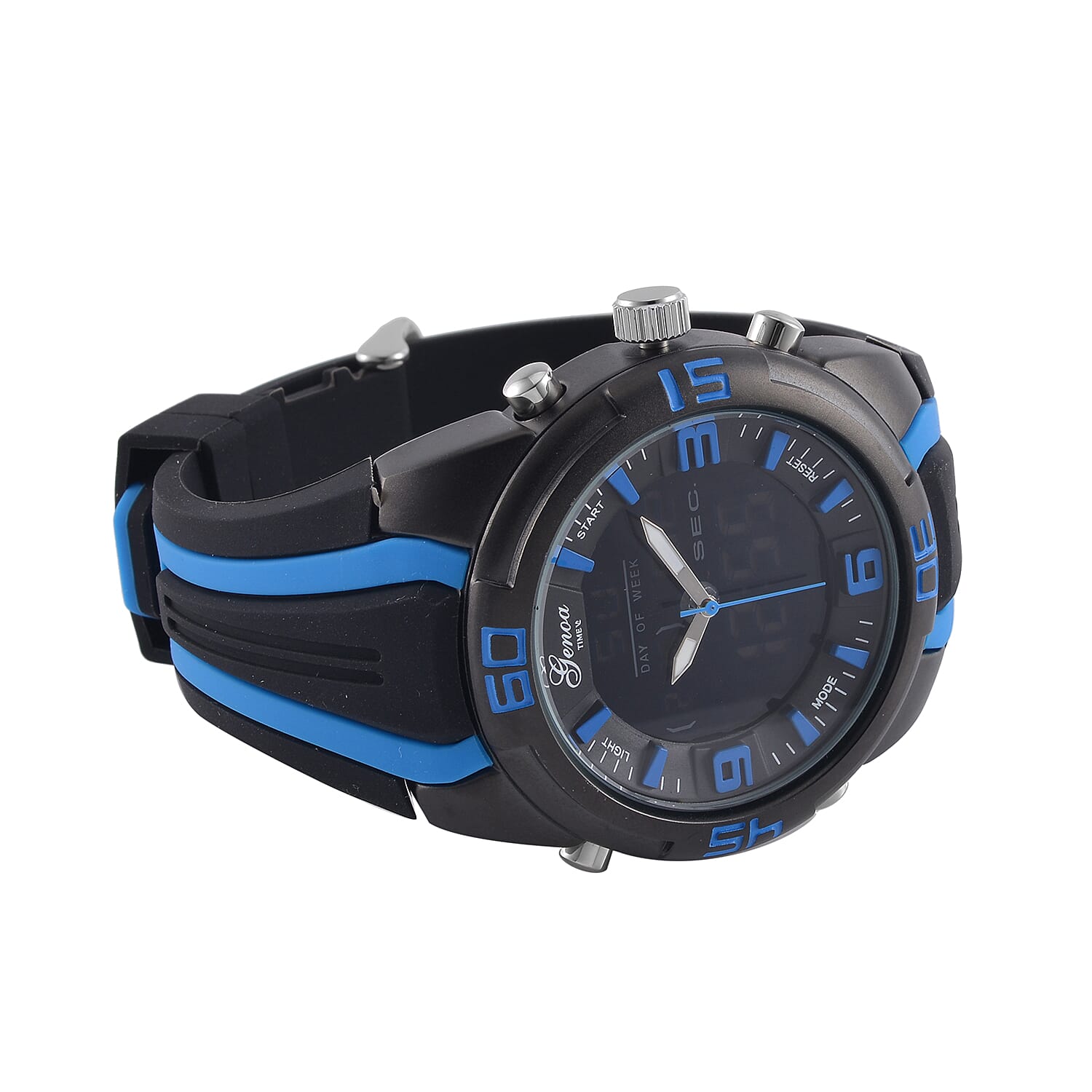 GENOA TIME V2 Japanese Movement Multifunctional Black Literal Dial 5 ATM Water Resistant Watch With Black - Blue TPU Strap
