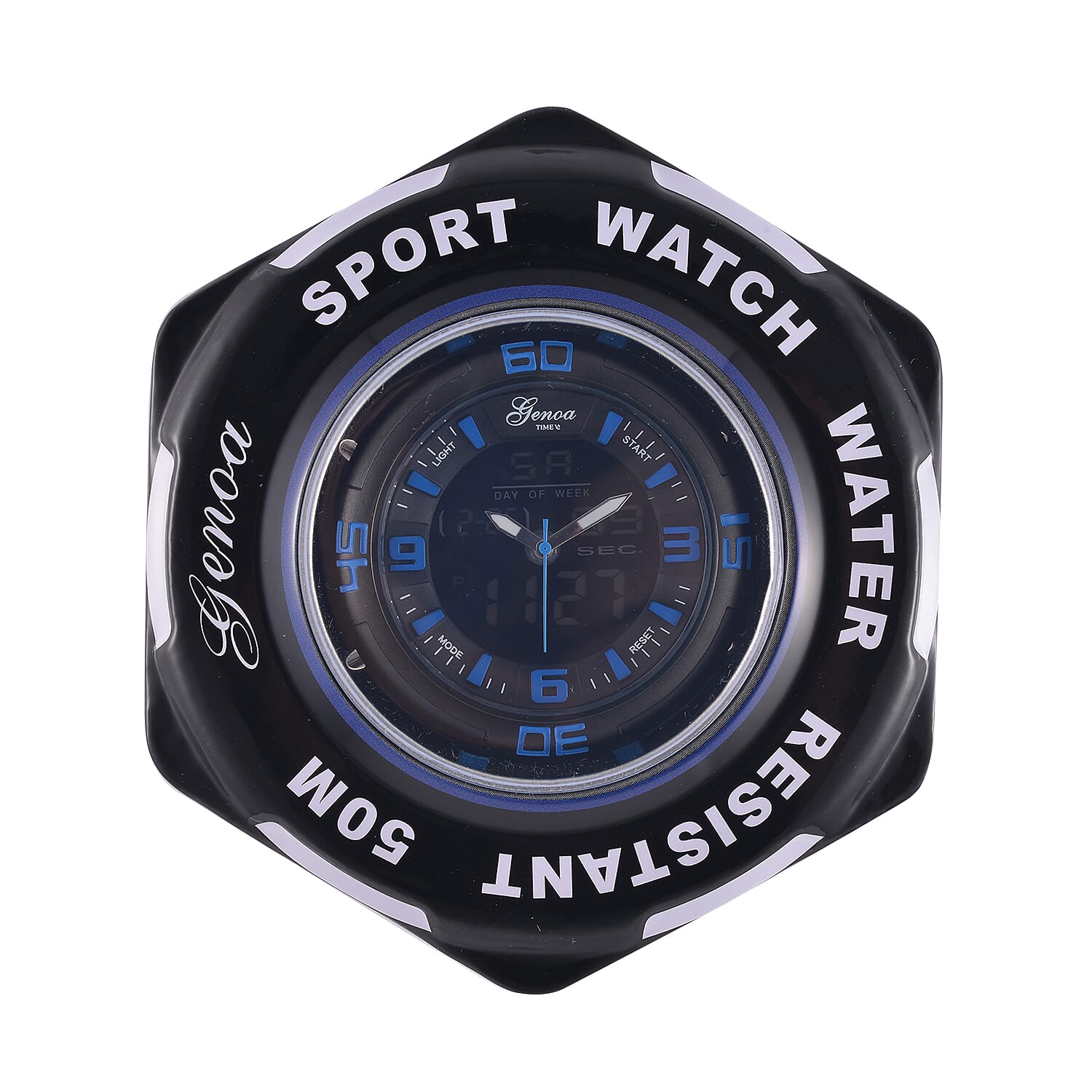 GENOA TIME V2 Japanese Movement Multifunctional Black Literal Dial 5 ATM Water Resistant Watch With Black - Blue TPU Strap