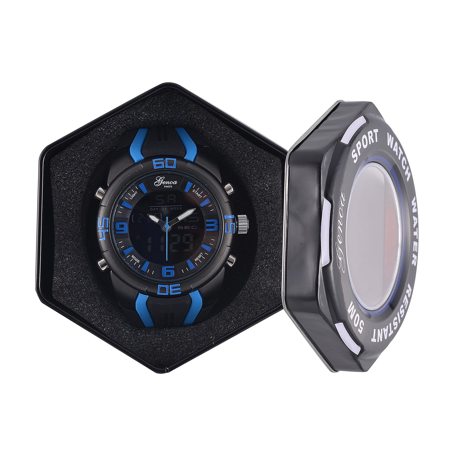 GENOA TIME V2 Japanese Movement Multifunctional Black Literal Dial 5 ATM Water Resistant Watch With Black - Blue TPU Strap