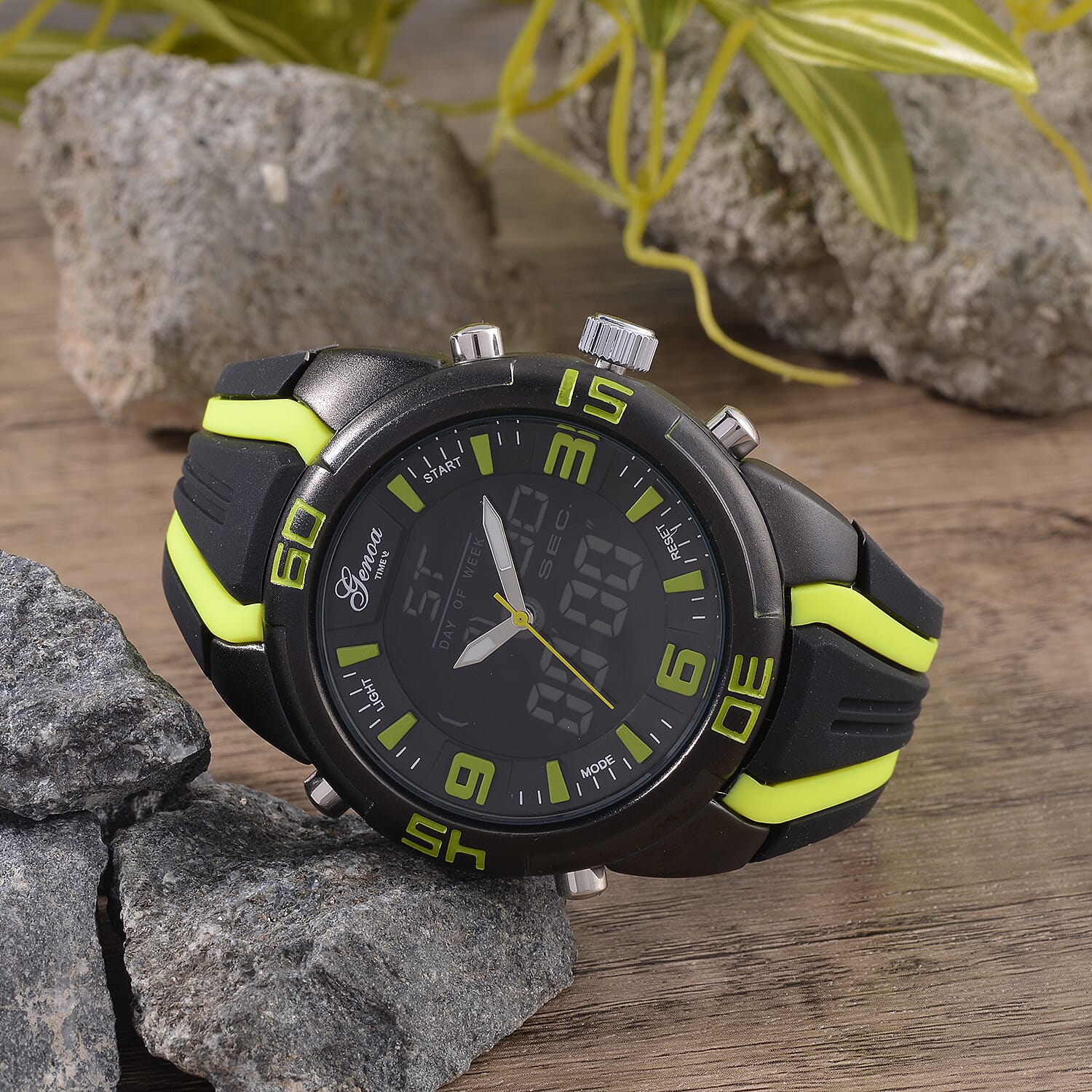 GENOA TIME V2 Japanese Movement Multifunctional Black Literal Dial 5 ATM Water Resistant Watch With Black - Yellow TPU Strap