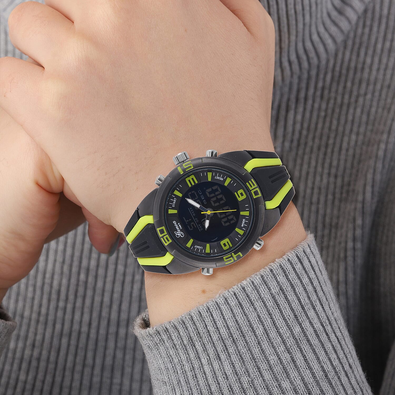 GENOA TIME V2 Japanese Movement Multifunctional Black Literal Dial 5 ATM Water Resistant Watch With Black - Yellow TPU Strap