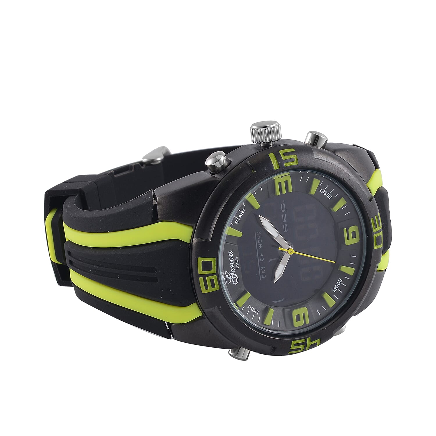 GENOA TIME V2 Japanese Movement Multifunctional Black Literal Dial 5 ATM Water Resistant Watch With Black - Yellow TPU Strap