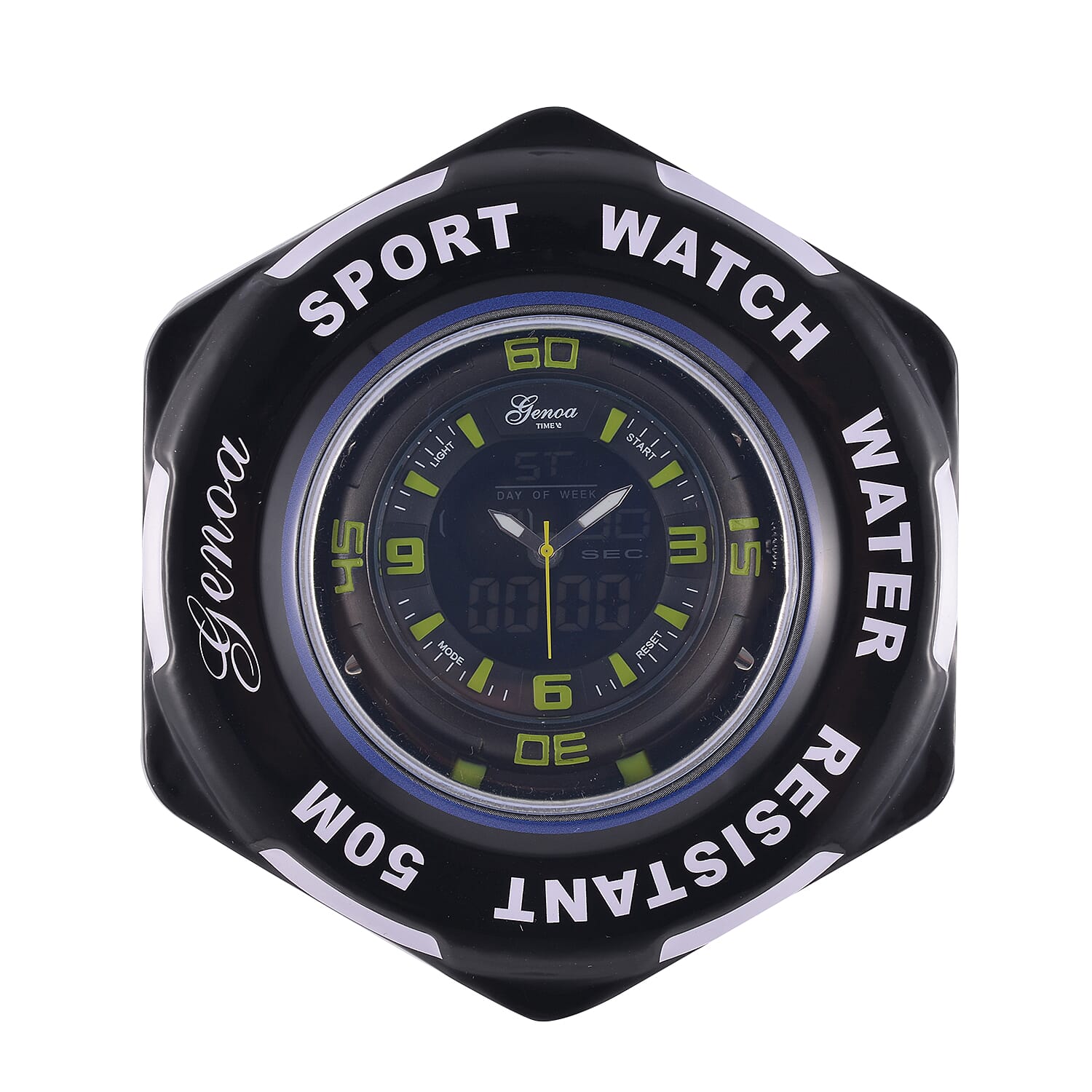 GENOA TIME V2 Japanese Movement Multifunctional Black Literal Dial 5 ATM Water Resistant Watch With Black - Yellow TPU Strap