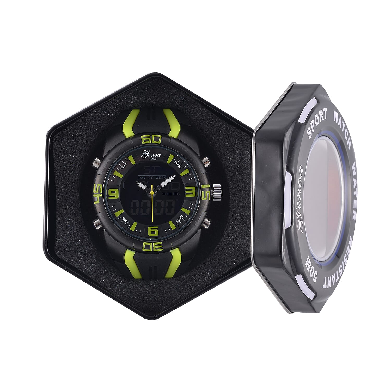GENOA TIME V2 Japanese Movement Multifunctional Black Literal Dial 5 ATM Water Resistant Watch With Black - Yellow TPU Strap