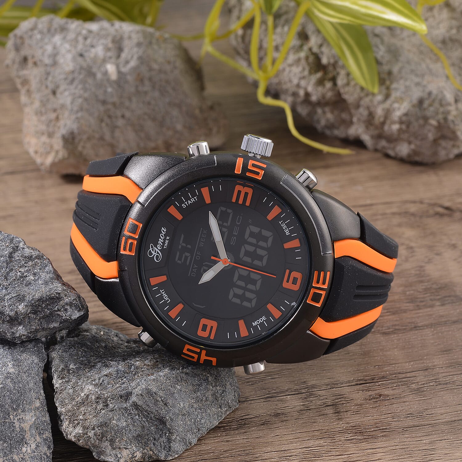 GENOA TIME V2 Japanese Movement Multifunctional Black Literal Dial 5 ATM Water Resistant Watch With Black - Orange TPU Strap