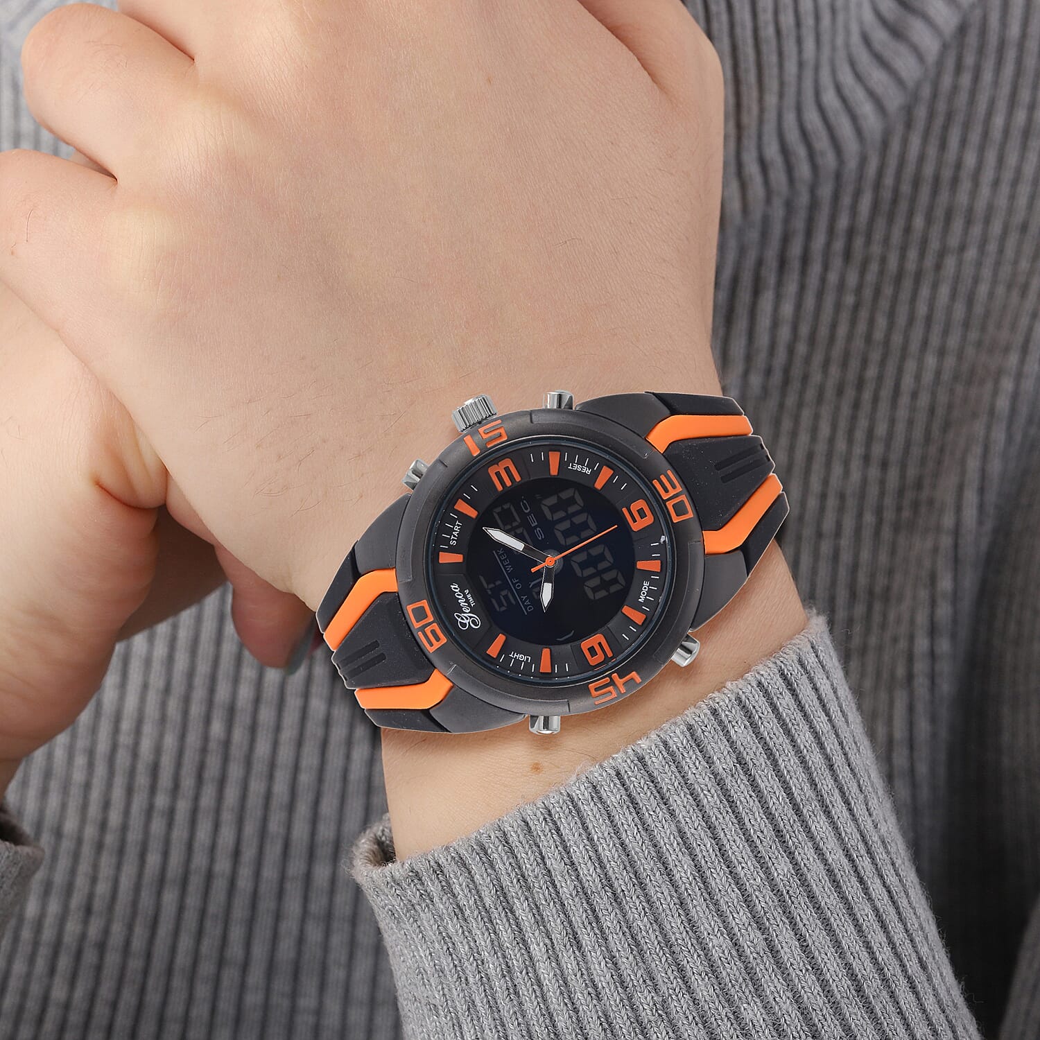 GENOA TIME V2 Japanese Movement Multifunctional Black Literal Dial 5 ATM Water Resistant Watch With Black - Orange TPU Strap