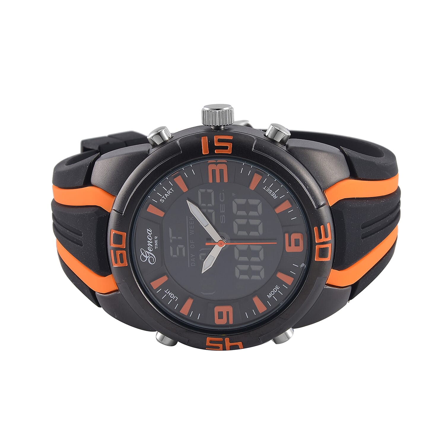 GENOA TIME V2 Japanese Movement Multifunctional Black Literal Dial 5 ATM Water Resistant Watch With Black - Orange TPU Strap
