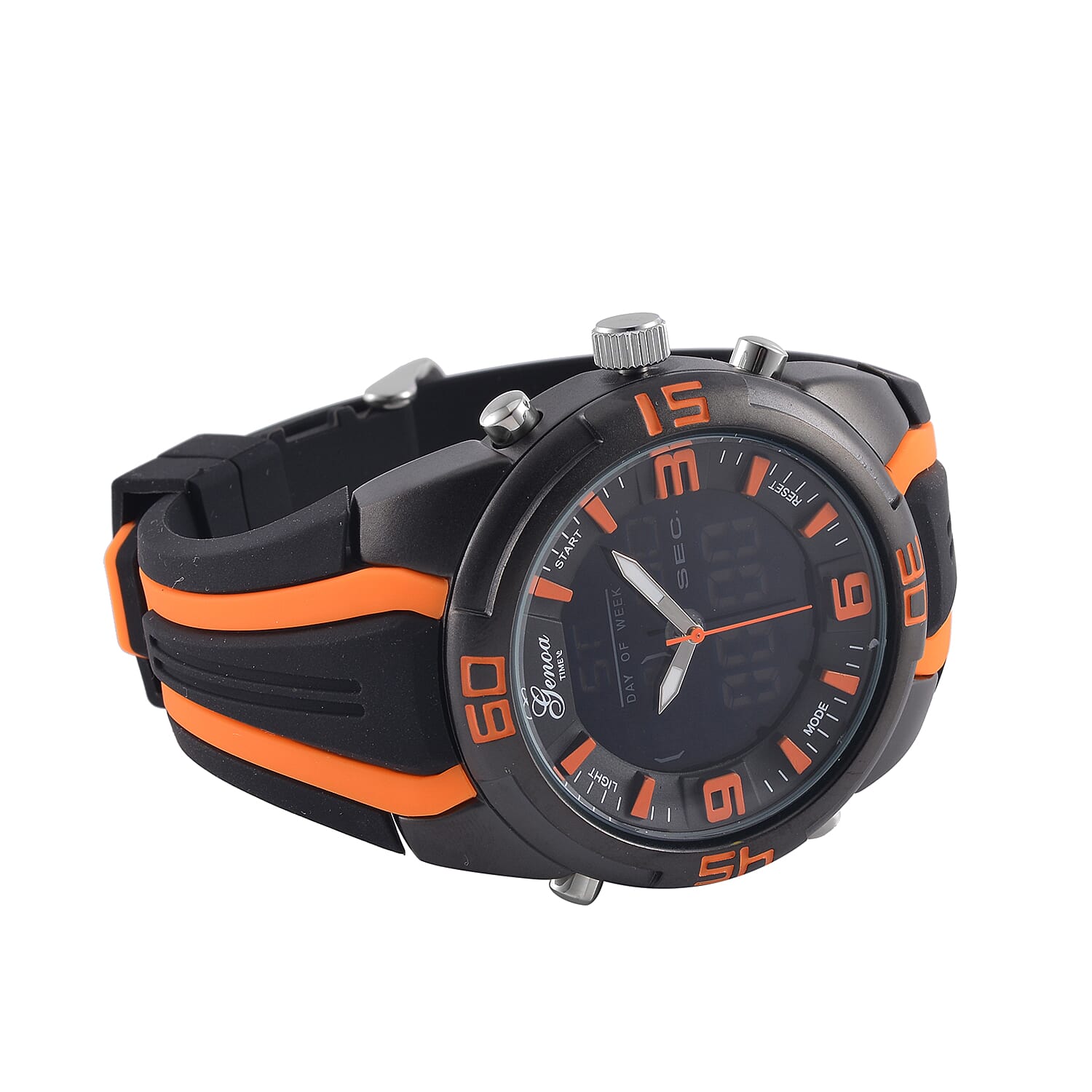 GENOA TIME V2 Japanese Movement Multifunctional Black Literal Dial 5 ATM Water Resistant Watch With Black - Orange TPU Strap