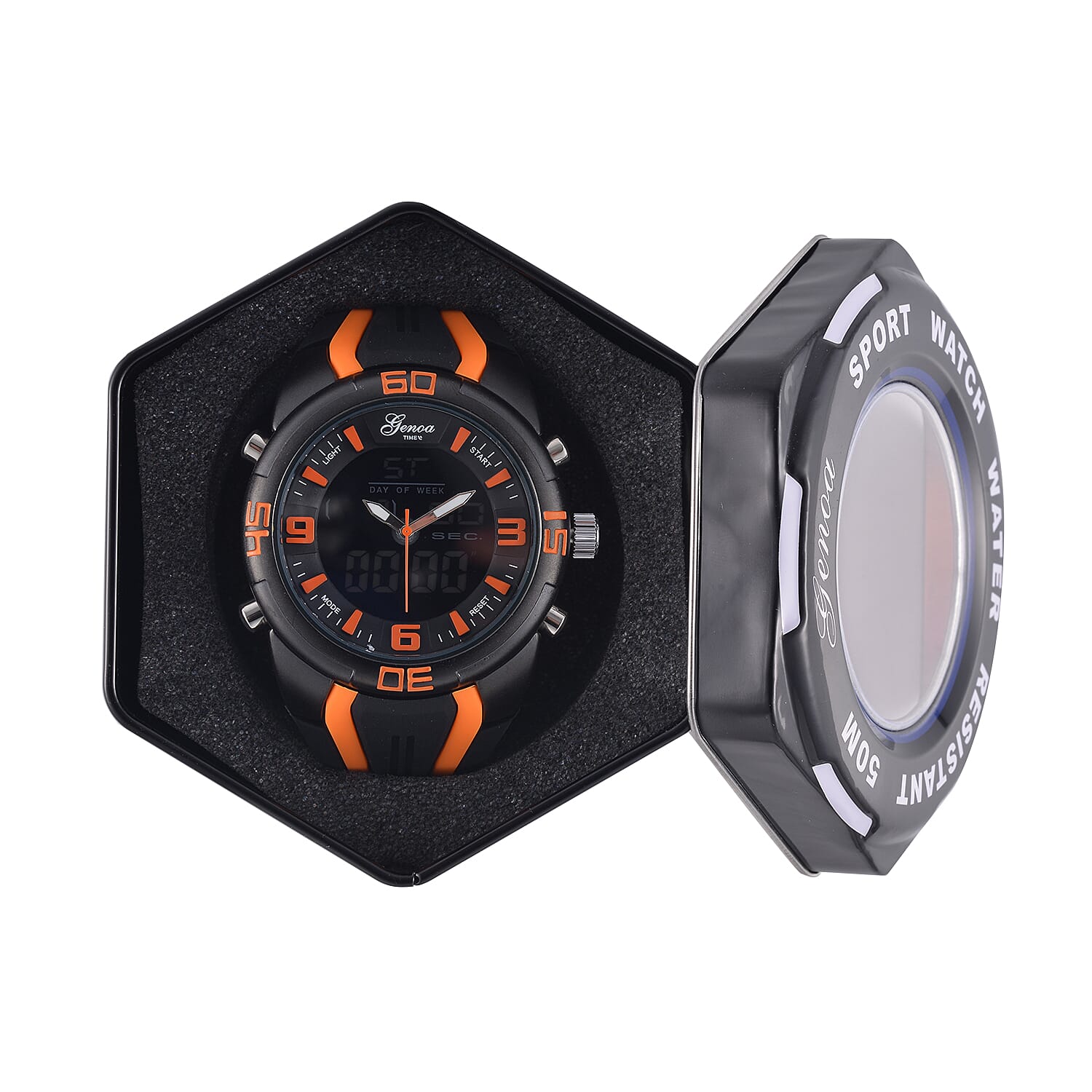 GENOA TIME V2 Japanese Movement Multifunctional Black Literal Dial 5 ATM Water Resistant Watch With Black - Orange TPU Strap