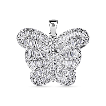 NY Closeout- Cubic Zirconia Butterfly Pendant in Rhodium Overlay Sterling Silver, Silver Wt. 7.31 Gms