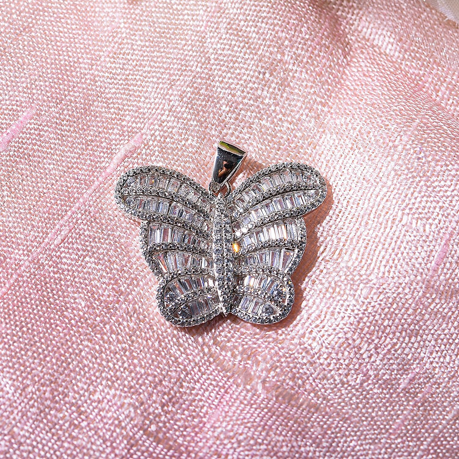 NY Closeout- Cubic Zirconia Butterfly Pendant in Rhodium Overlay Sterling Silver, Silver Wt. 7.31 Gms