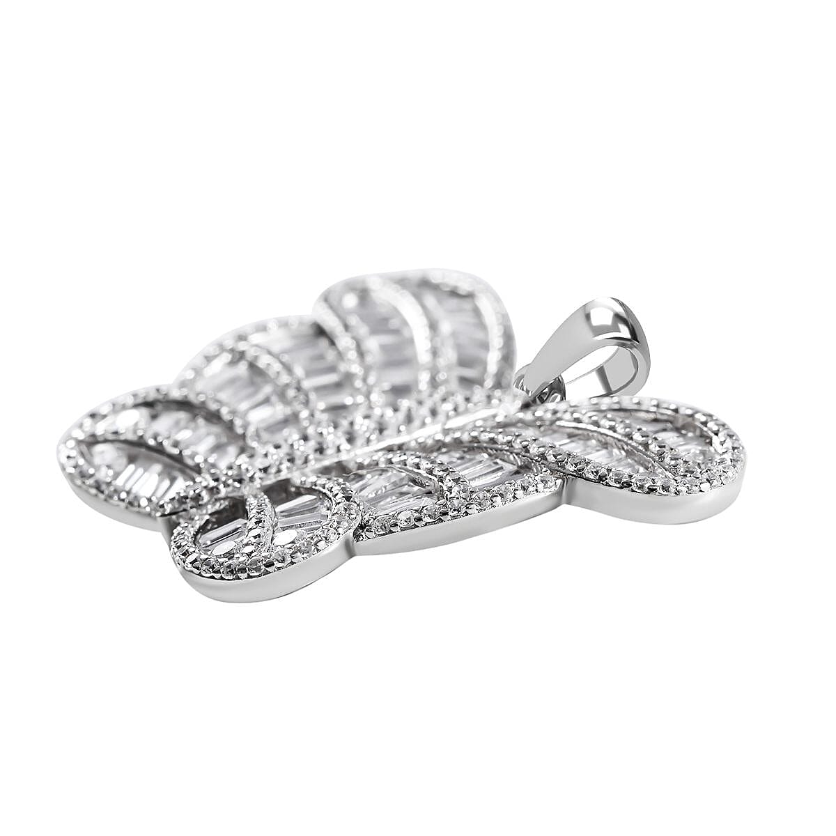 NY Closeout- Cubic Zirconia Butterfly Pendant in Rhodium Overlay Sterling Silver, Silver Wt. 7.31 Gms
