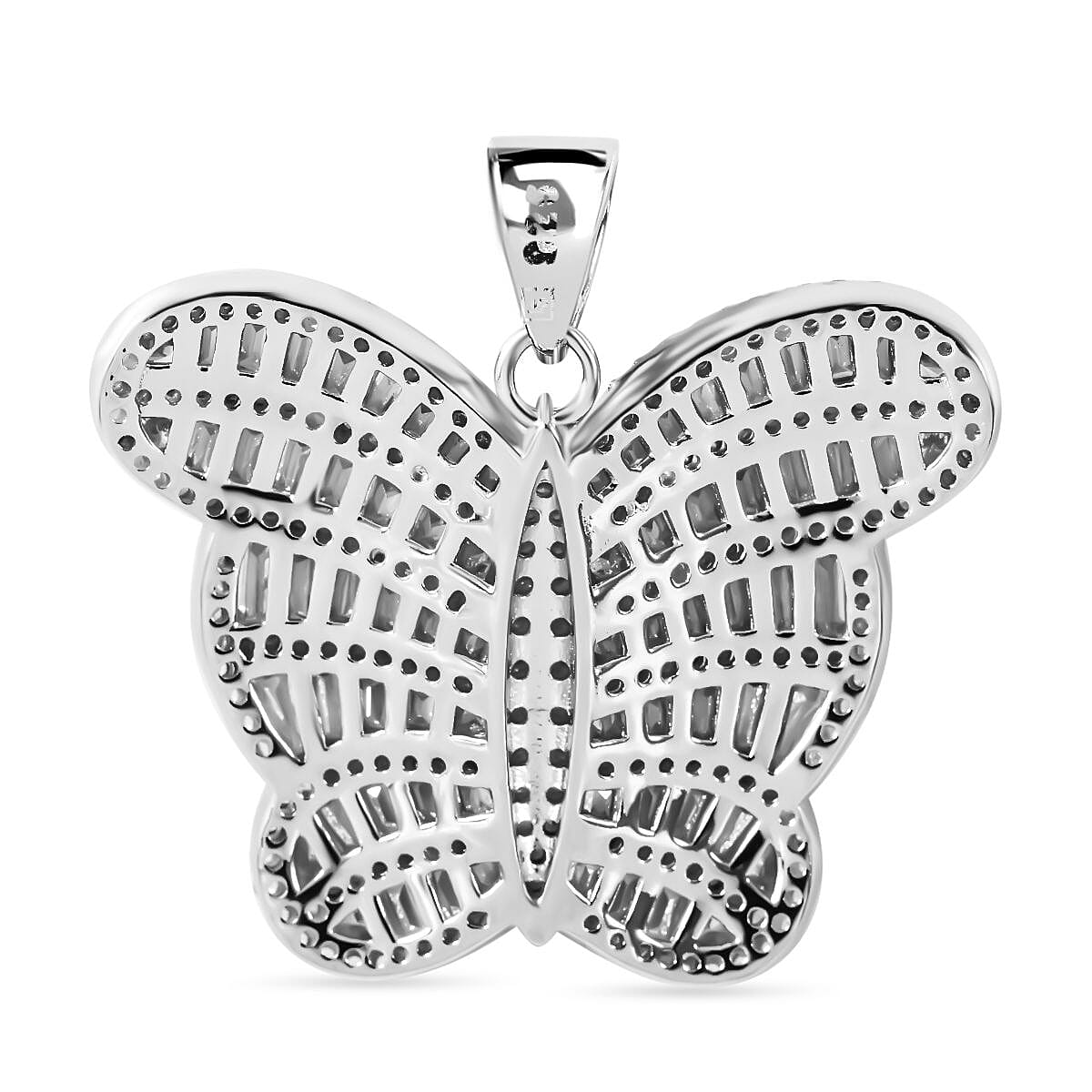 NY Closeout- Cubic Zirconia Butterfly Pendant in Rhodium Overlay Sterling Silver, Silver Wt. 7.31 Gms