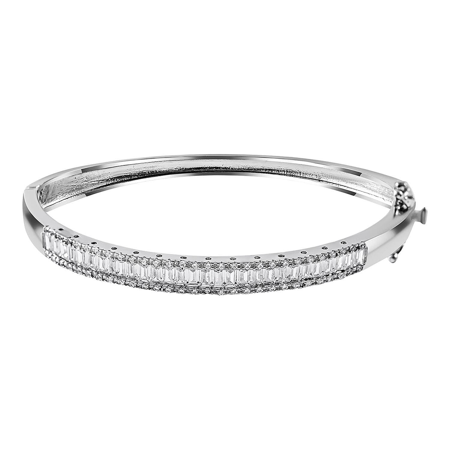 White Cubic Zirconia Bangle (Size 7.5) in Rhodium Overlay Sterling Silver 3.54 Ct, Silver Wt. 14.94 Gms.