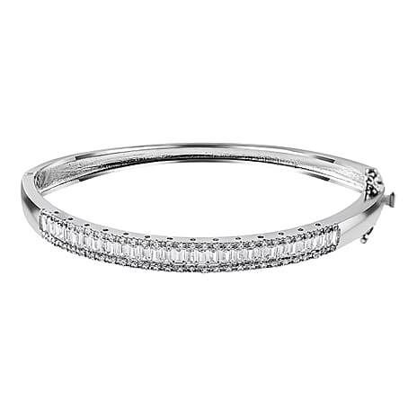 White Cubic Zirconia Bangle (Size 7.5) in Rhodium Overlay Sterling Silver 3.54 Ct, Silver Wt. 14.94 Gms.
