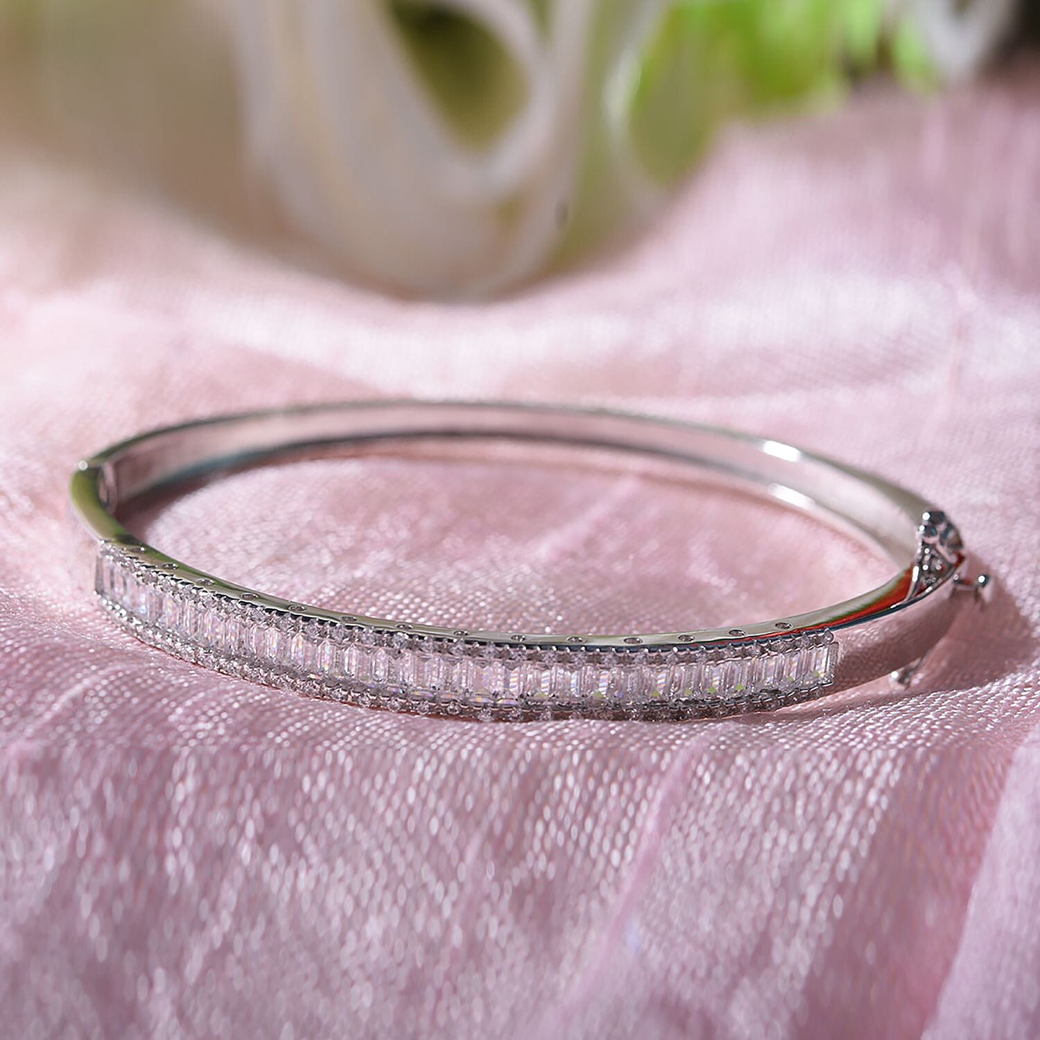 White Cubic Zirconia Bangle (Size 7.5) in Rhodium Overlay Sterling Silver 3.54 Ct, Silver Wt. 14.94 Gms.