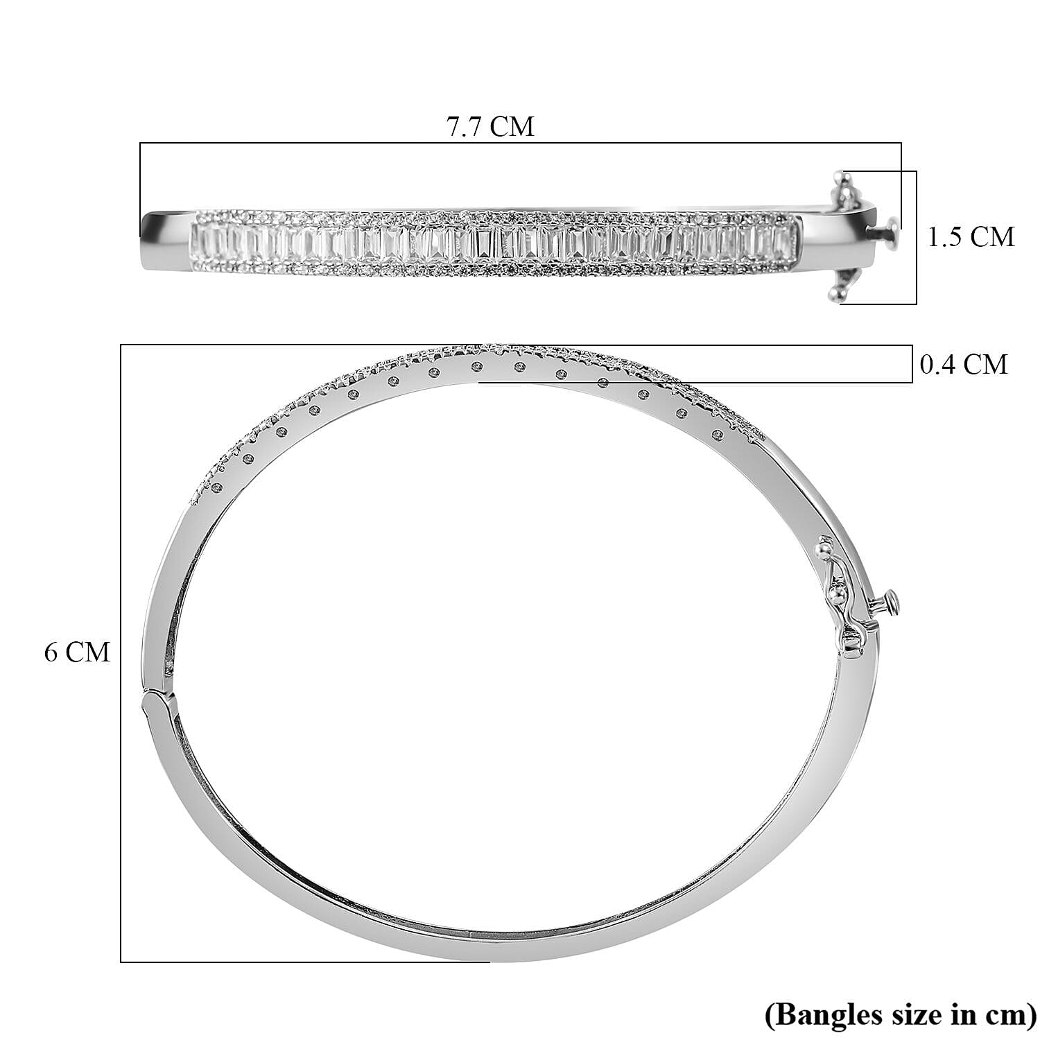 White Cubic Zirconia Bangle (Size 7.5) in Rhodium Overlay Sterling Silver 3.54 Ct, Silver Wt. 14.94 Gms.