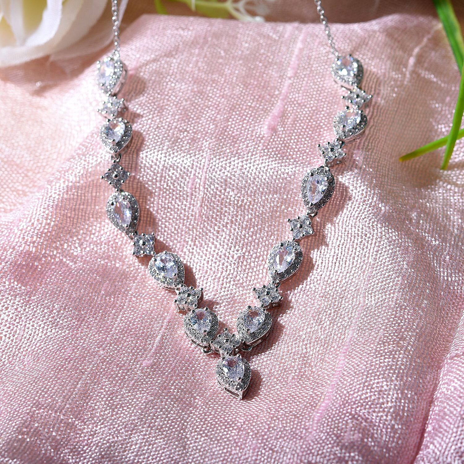 Lustro Stella -Cubic Zirconia Necklace (Size - 20) in Rhodium Overlay Sterling Silver  Silver Wt. 11.85 Gms