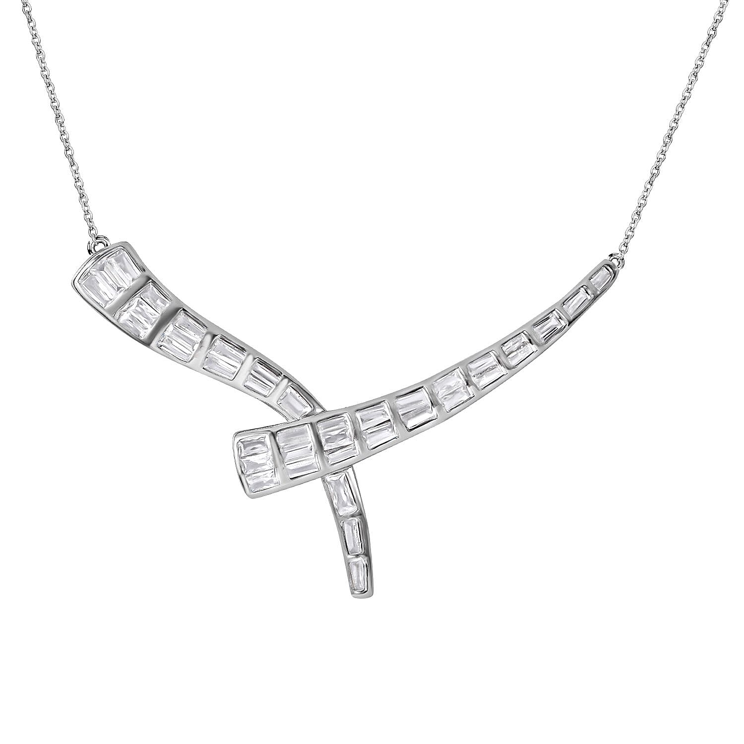 Lustro Stella - Cubic Zirconia Necklace (Size - 20) in Rhodium Overlay Sterling Silver, Silver Wt . 5.35 GM