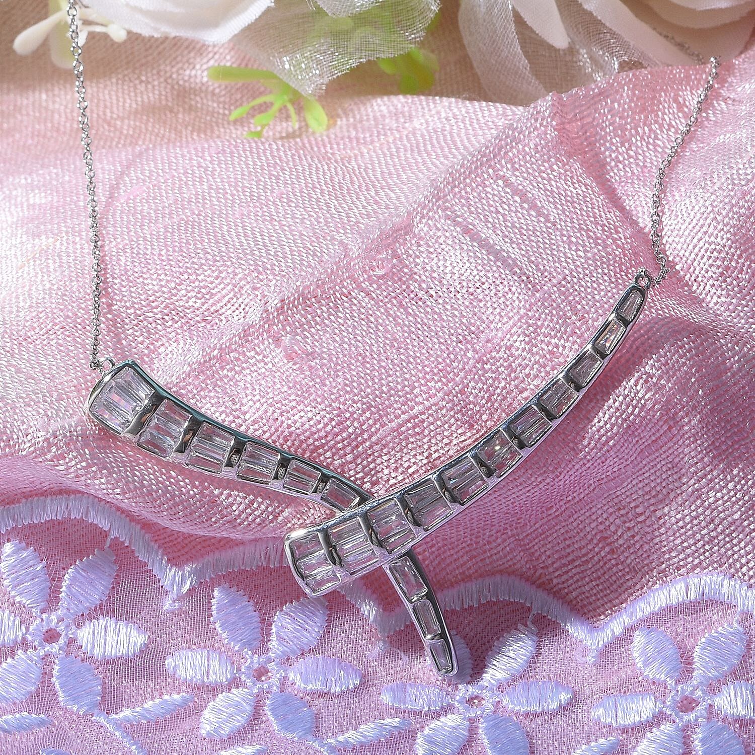 Lustro Stella - Cubic Zirconia Necklace (Size - 20) in Rhodium Overlay Sterling Silver, Silver Wt . 5.35 GM