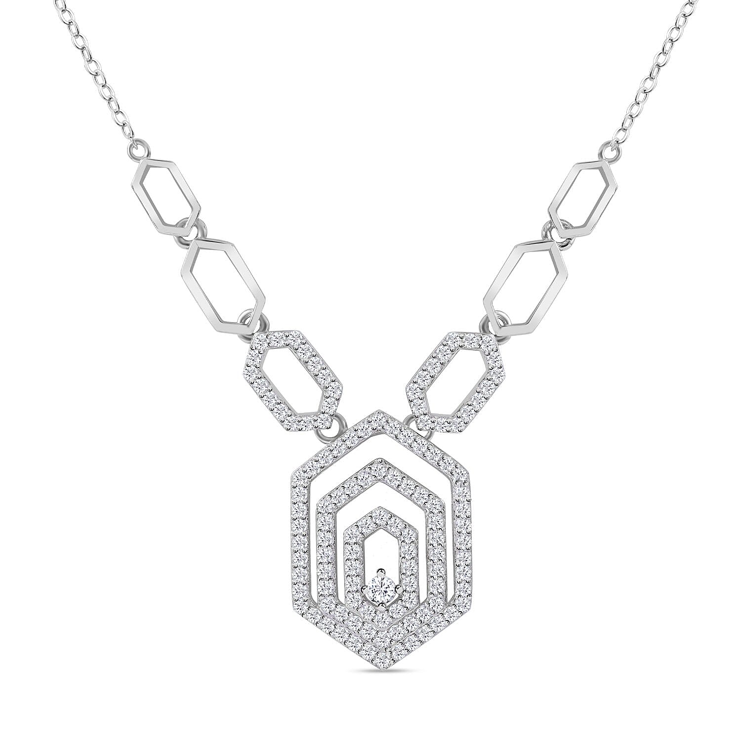 Cubic Zirconia Necklace (Size - 20) in Rhodium Overlay Sterling Silver