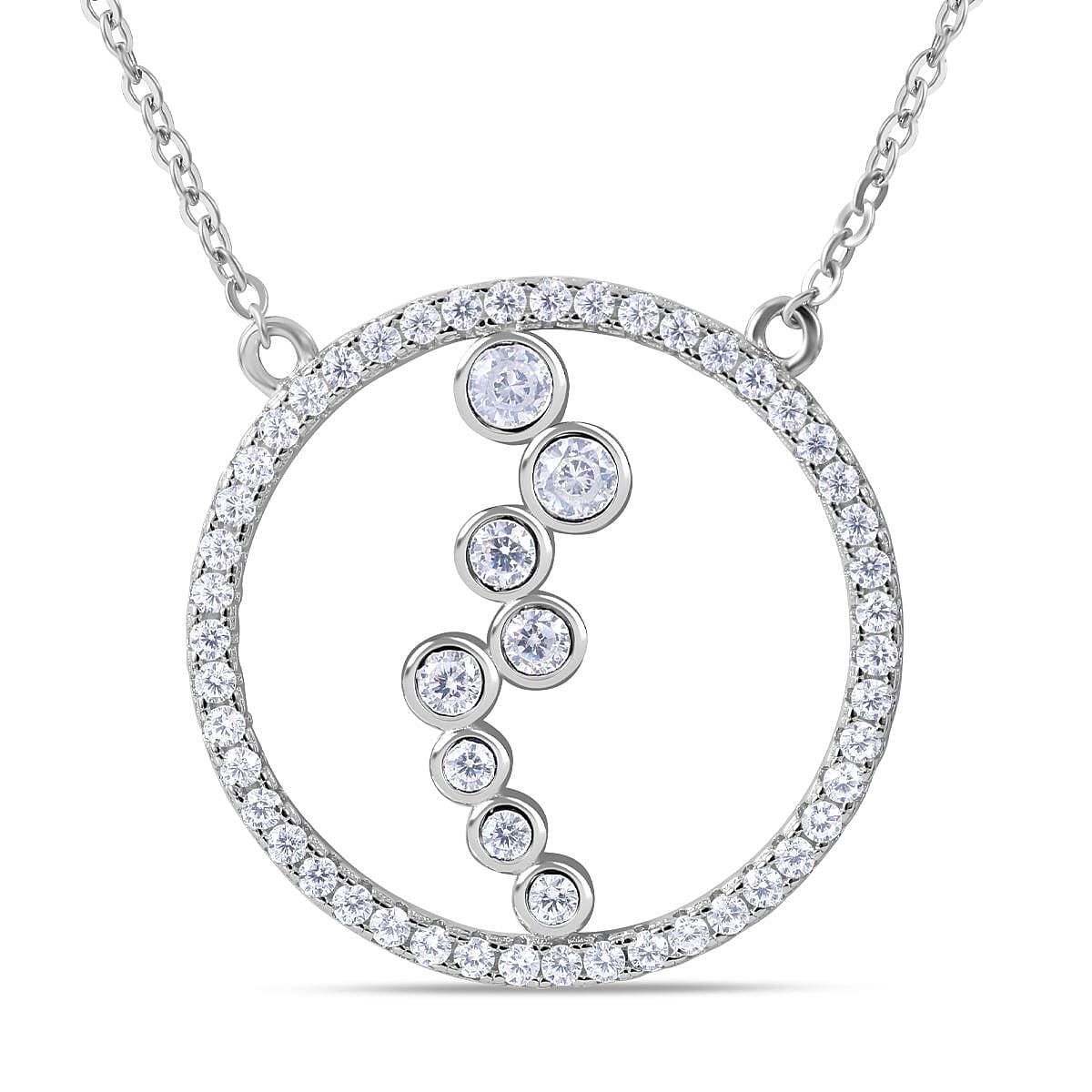NY Closeout-Cubic Zirconia Circle & Bubble Necklace (Size - 20) in Rhodium Overlay Sterling Silver 1.33 Ct