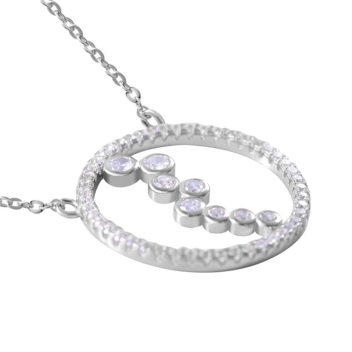 NY Closeout-Cubic Zirconia Circle & Bubble Necklace (Size - 20) in Rhodium Overlay Sterling Silver 1.33 Ct