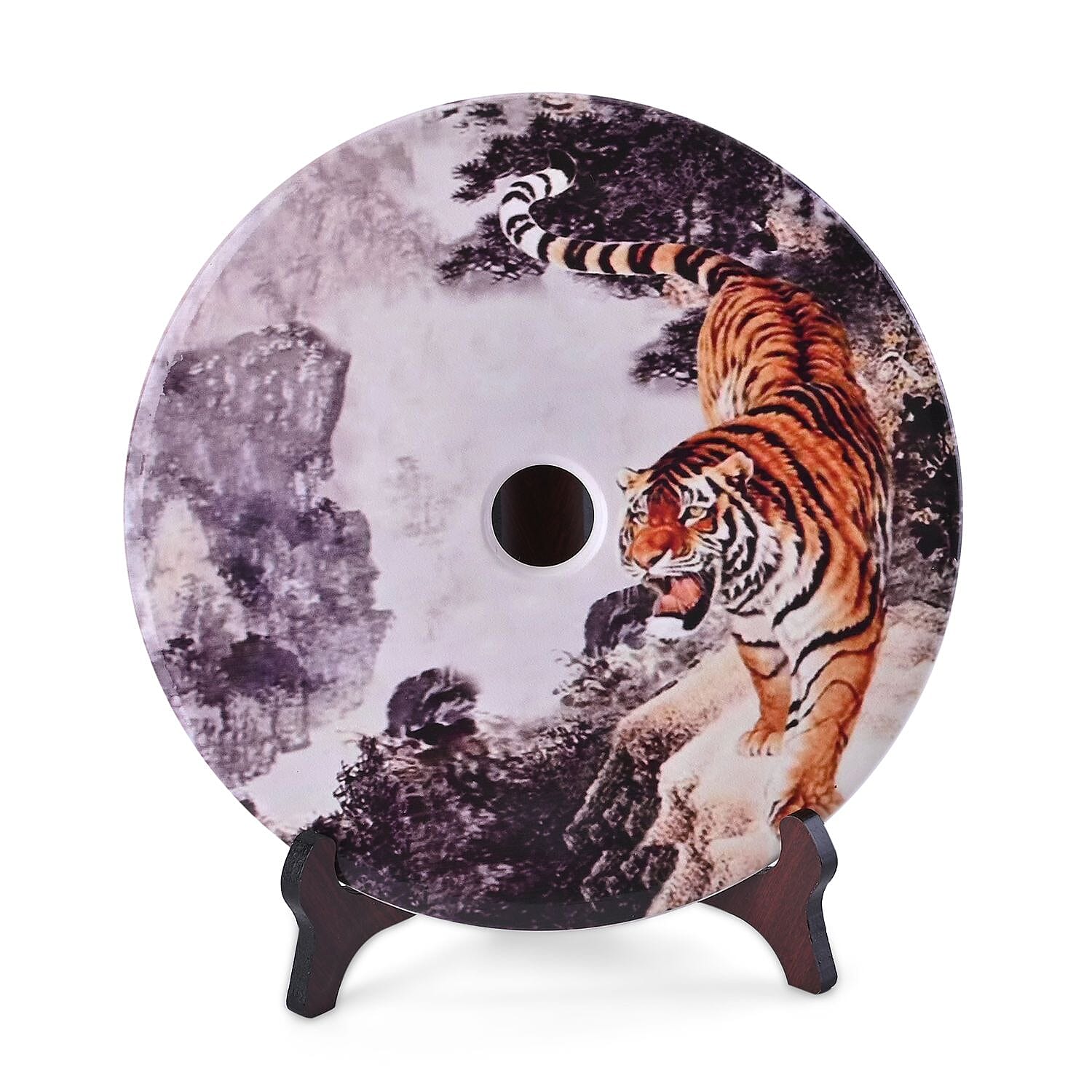 EXCLUSIVE LIMITED EDITION- Serpentine Tiger Painted Disk with Wooden Stand 13255 Cts.Presented in a Gift Box