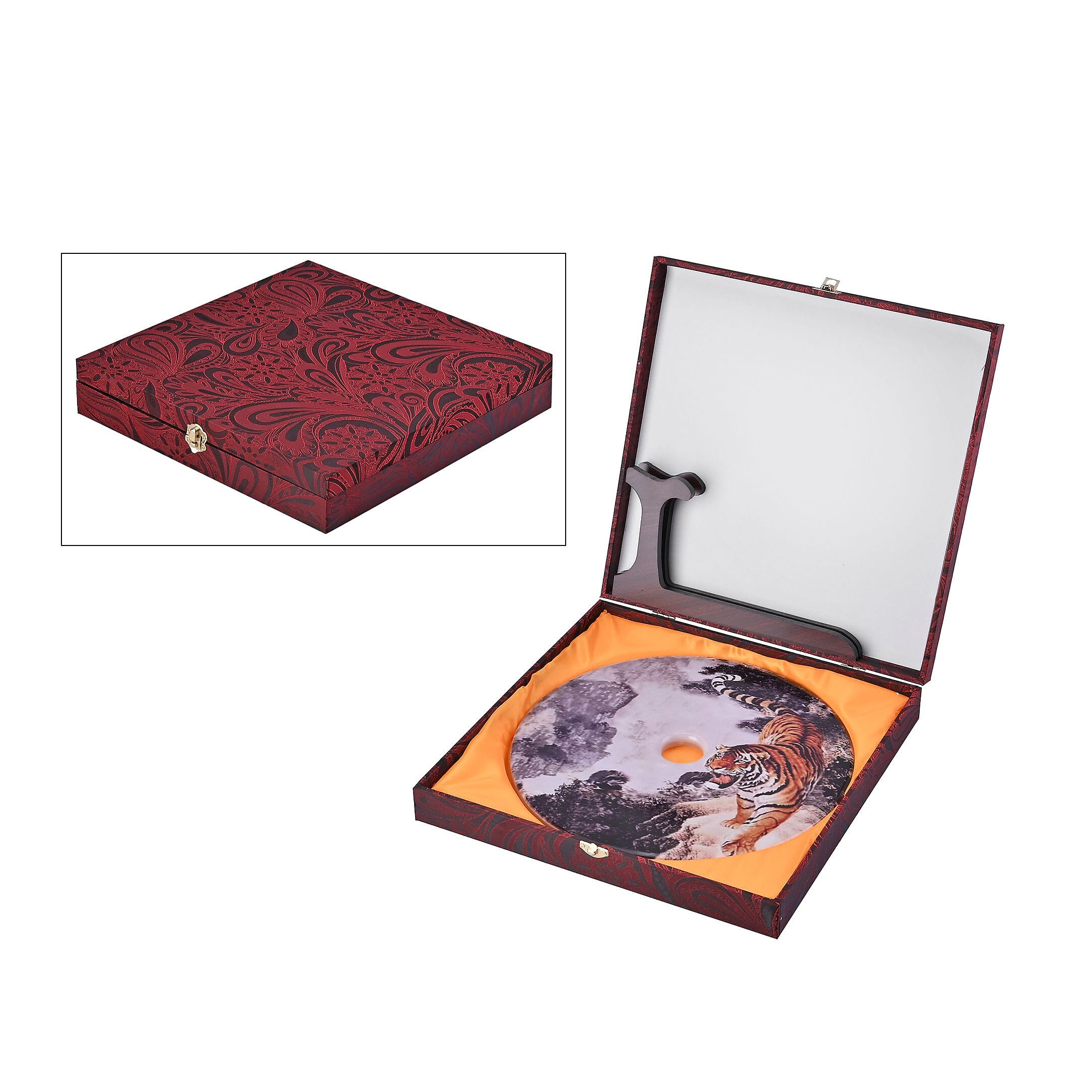 EXCLUSIVE LIMITED EDITION- Serpentine Tiger Painted Disk with Wooden Stand 13255 Cts.Presented in a Gift Box