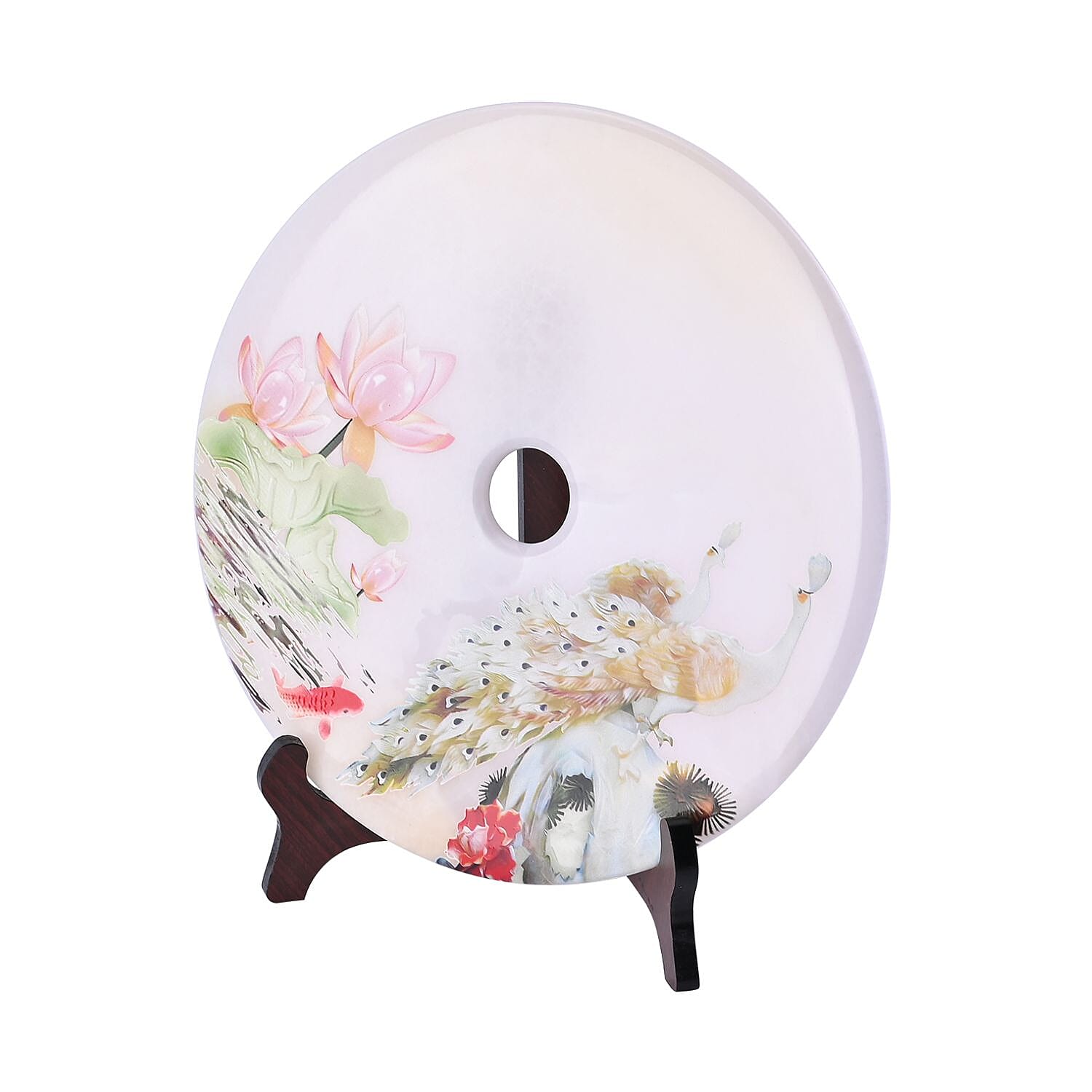 EXCLUSIVE LIMITED EDITION- Serpentine Lotus & Peacock Painted Disk with Wooden Stand 13255 Cts. Presented in a gift box