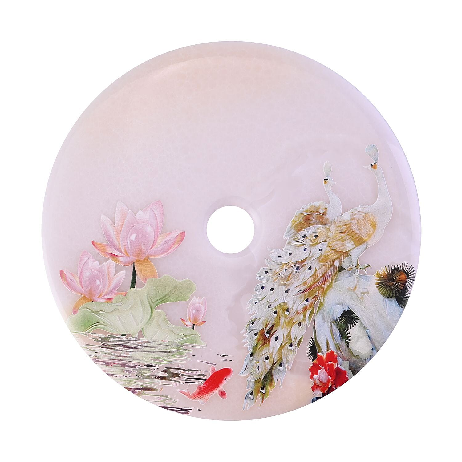 EXCLUSIVE LIMITED EDITION- Serpentine Lotus & Peacock Painted Disk with Wooden Stand 13255 Cts. Presented in a gift box
