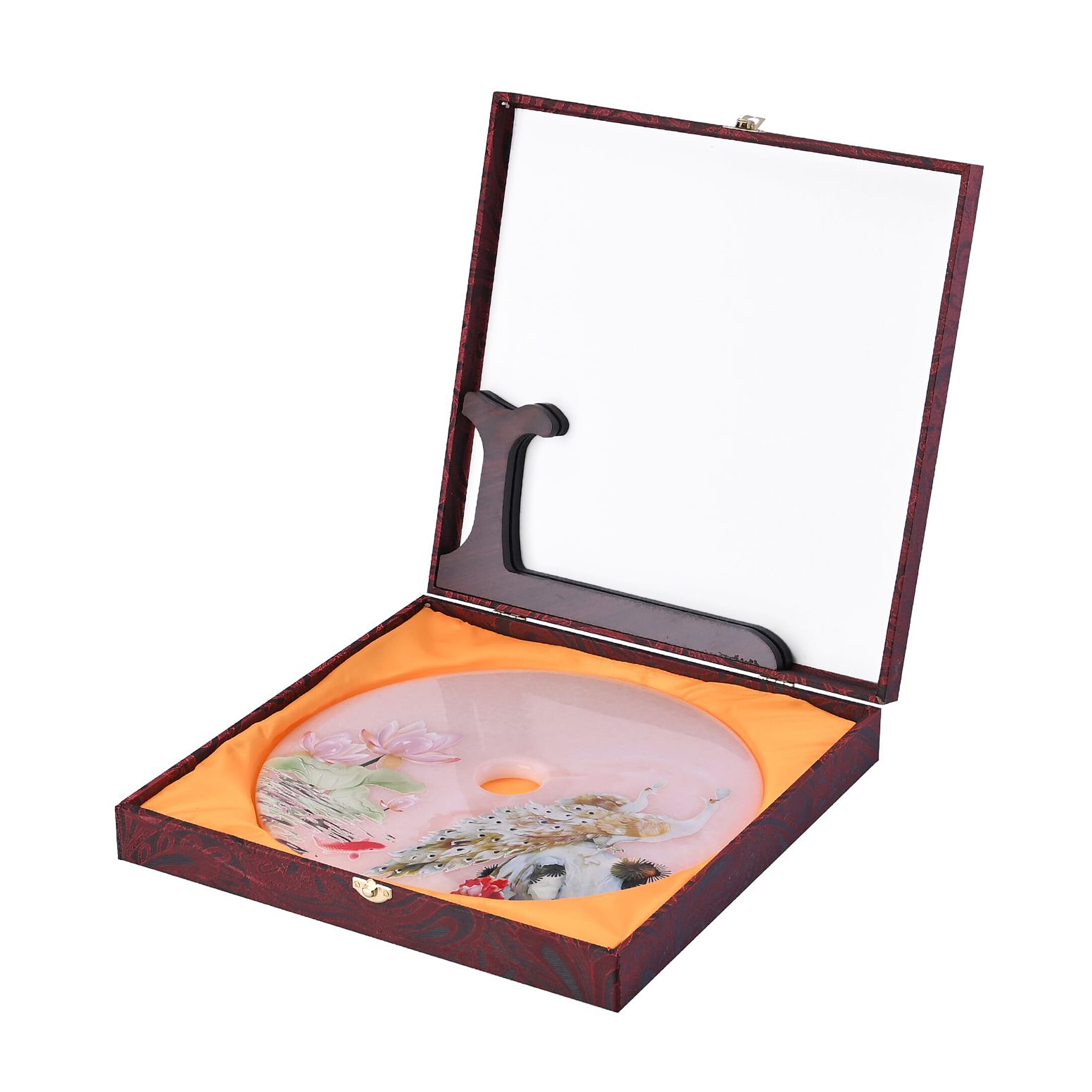 EXCLUSIVE LIMITED EDITION- Serpentine Lotus & Peacock Painted Disk with Wooden Stand 13255 Cts. Presented in a gift box