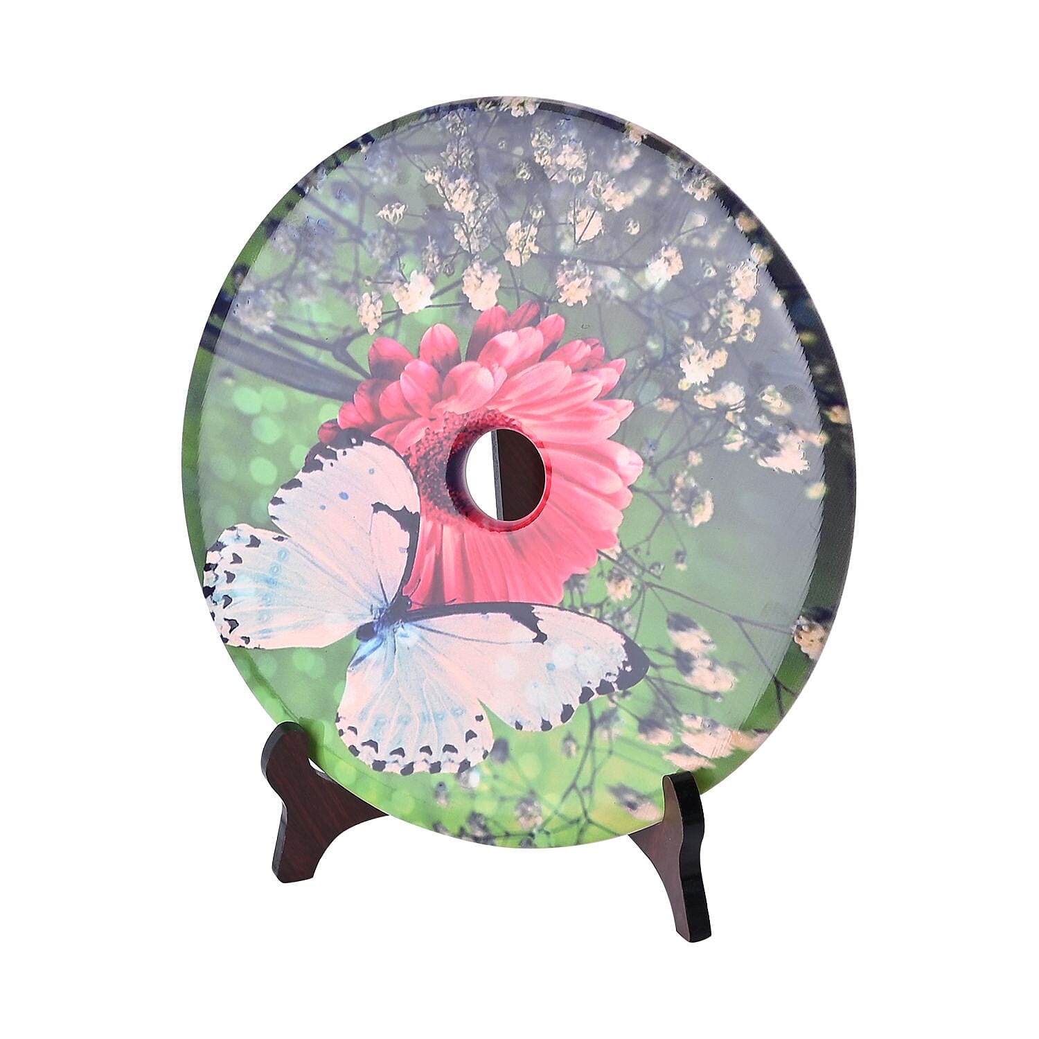 EXCLUSIVE LIMITED EDITION- Serpentine Butterfly Painted Jade Disk with Wooden Stand 13255 Cts.Presented in a Gift Box