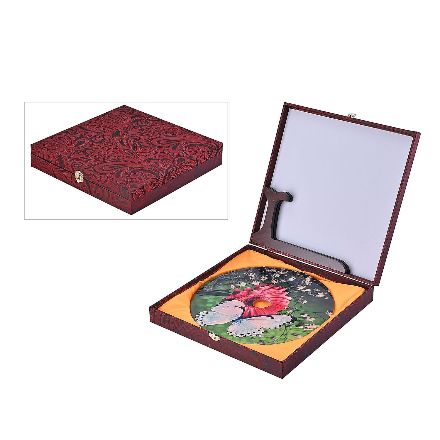 EXCLUSIVE LIMITED EDITION- Serpentine Butterfly Painted Jade Disk with Wooden Stand 13255 Cts.Presented in a Gift Box