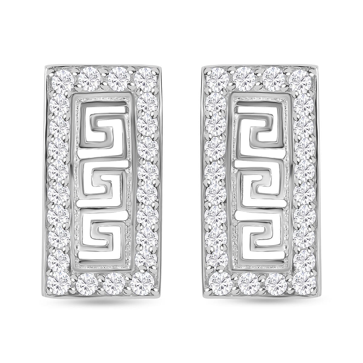 NY Closeout- Cubic Zirconia Greek Key Earrings in Rhodium Overlay Sterling Silver 1.00 Ct