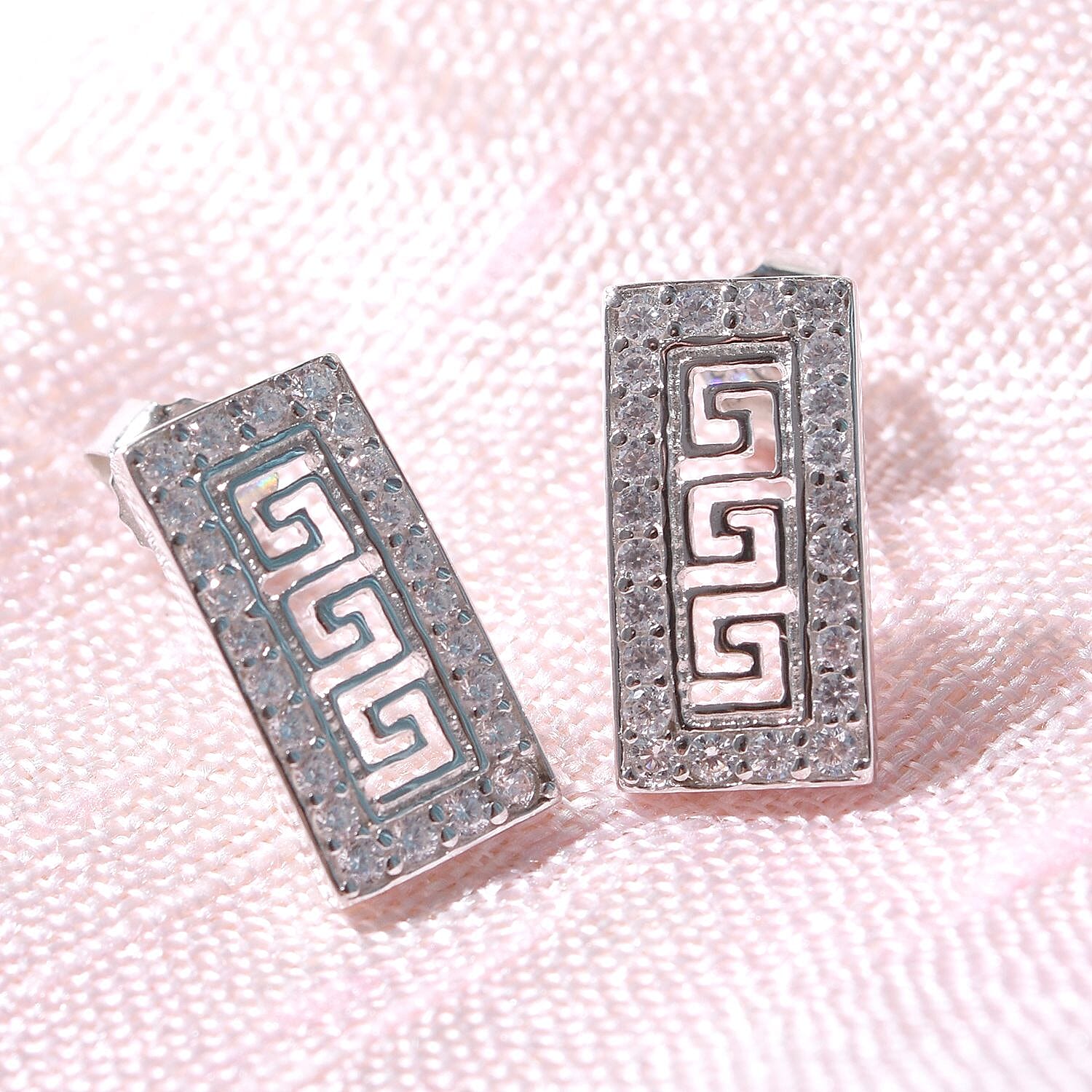 NY Closeout- Cubic Zirconia Greek Key Earrings in Rhodium Overlay Sterling Silver 1.00 Ct