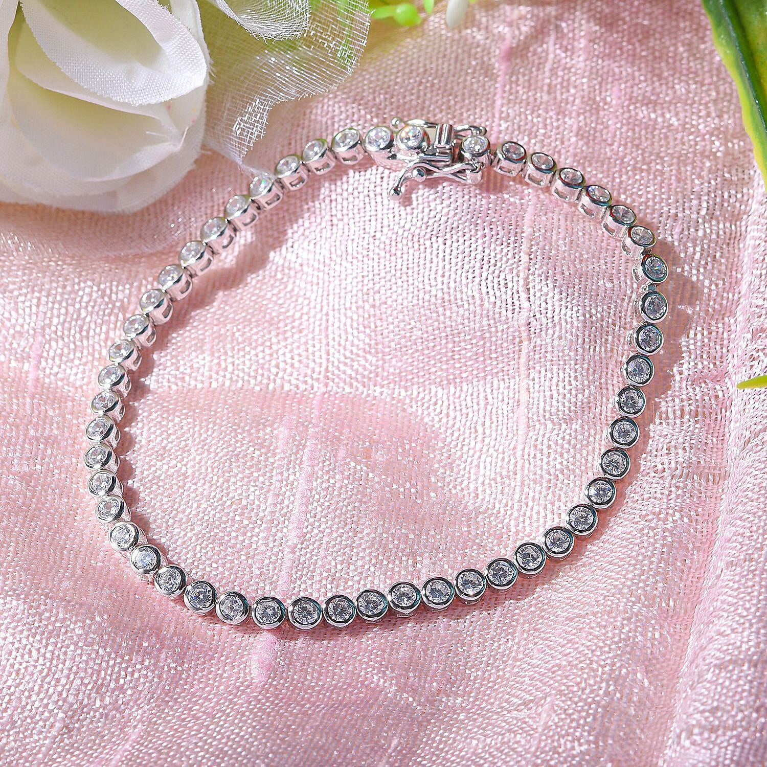 NY Closeout- Cubic Zirconia Bracelet (Size - 7) in Rhodium Overlay Sterling Silver 6.38 Ct, Silver Wt. 9.41 Gms